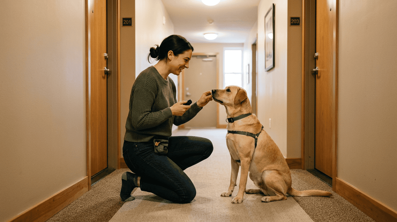 Clicker training session with dog in apartment