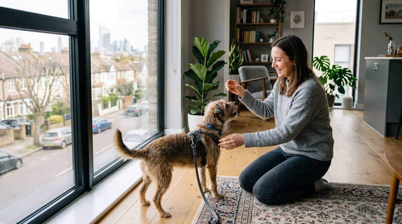Dog barking at apartment window with owner using positive training