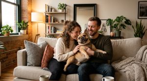 Happy couple cuddling with French Bulldog on apartment couch