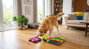 Happy dog playing with enrichment toys in a bright apartment