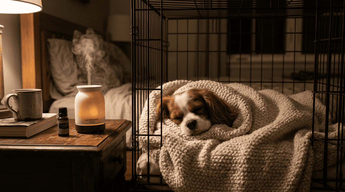 Dog in cozy crate with calming setup at night