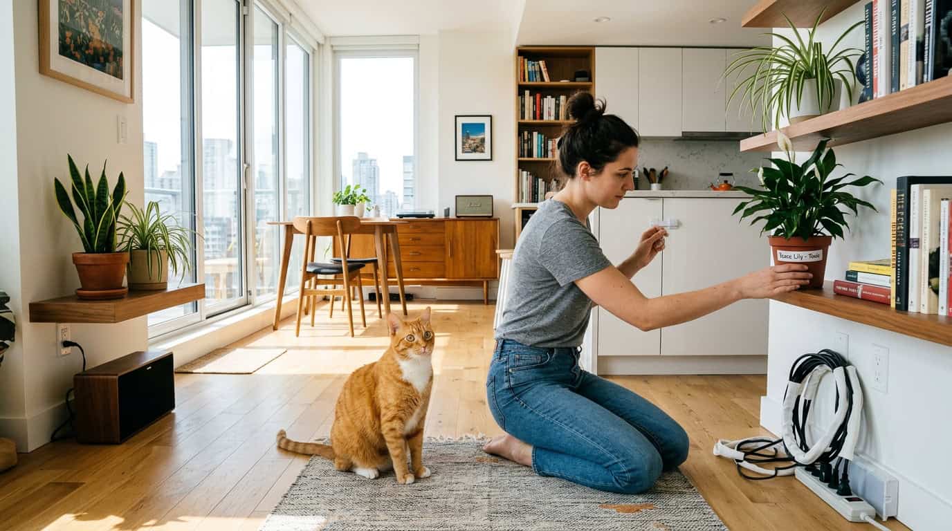Person cat-proofing an apartment with cabinet locks and cord covers while a cat watches