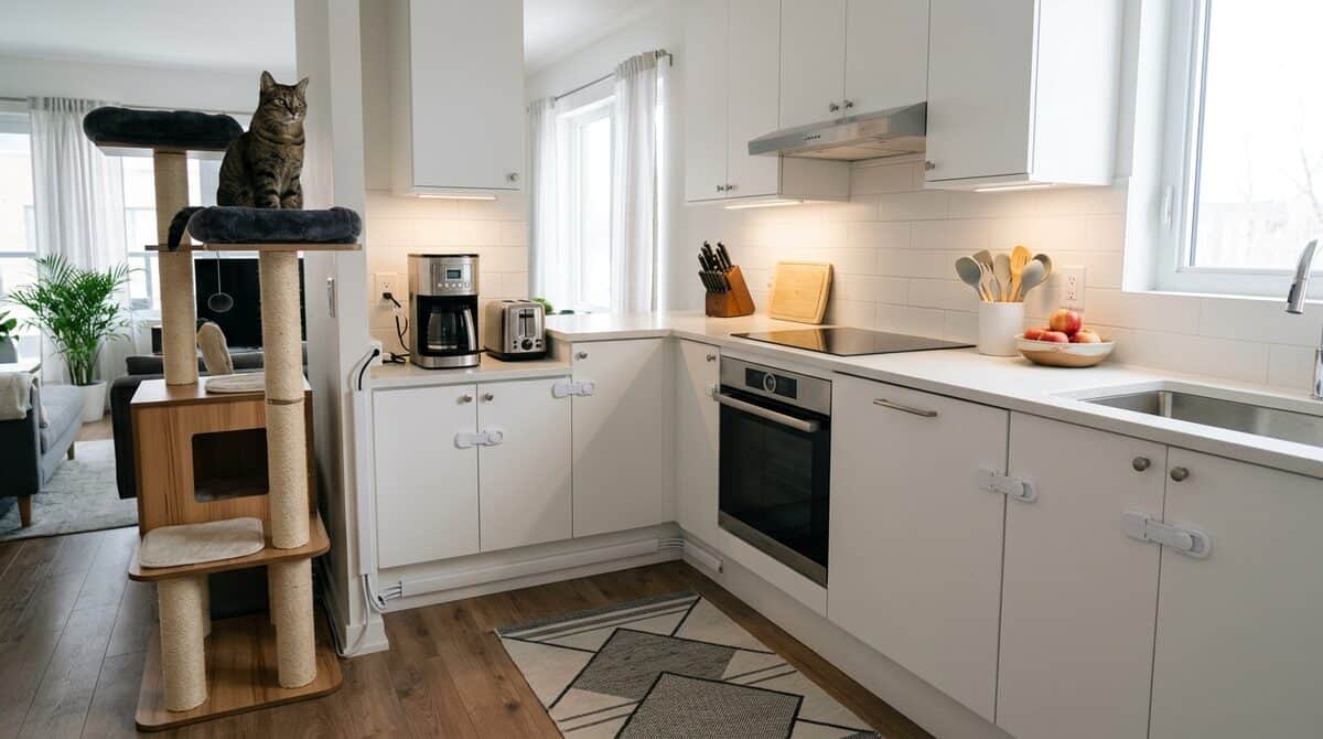 Cat-proofed apartment kitchen with secured cabinets and a calm cat nearby