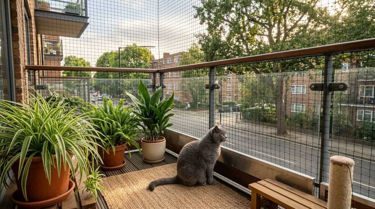 Cat-proofed apartment balcony with safety netting and a cat observing safely