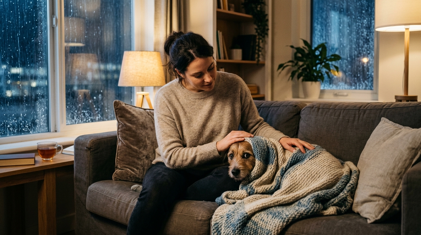 Frightened dog hiding under a blanket on a couch during a thunderstorm with rain visible through the apartment window