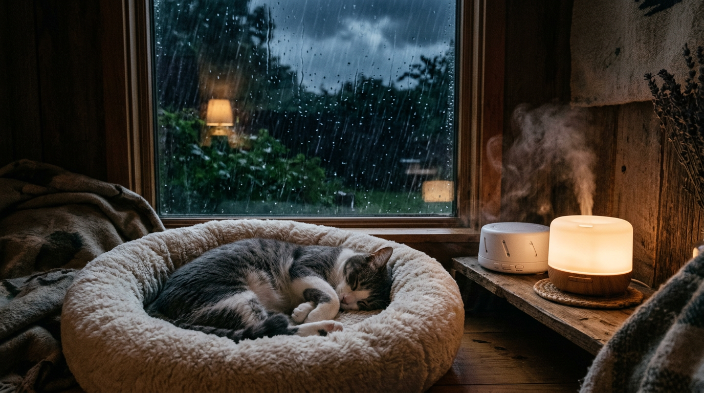 Cat curled up in a cozy corner with a white noise machine and calming diffuser nearby during a storm