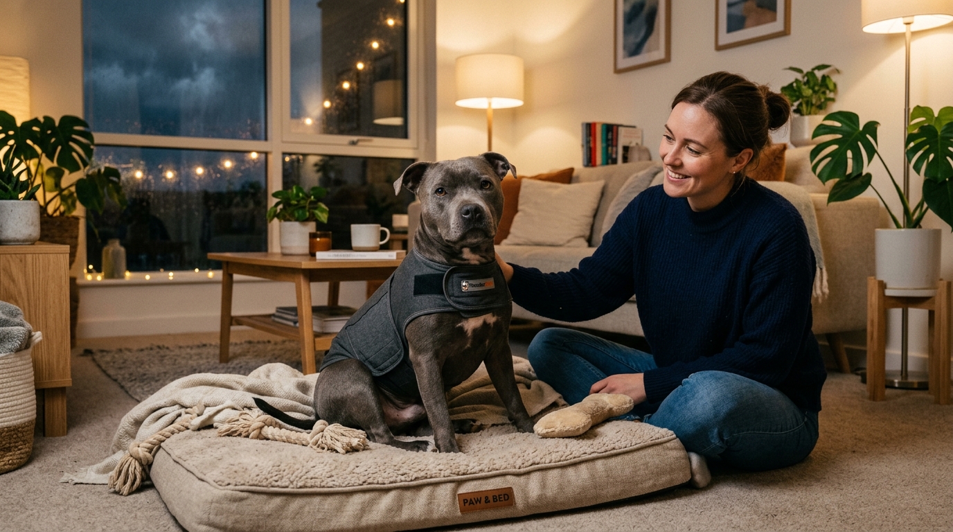 Dog wearing an anxiety wrap sitting calmly on a pet bed with owner nearby offering reassurance during a storm