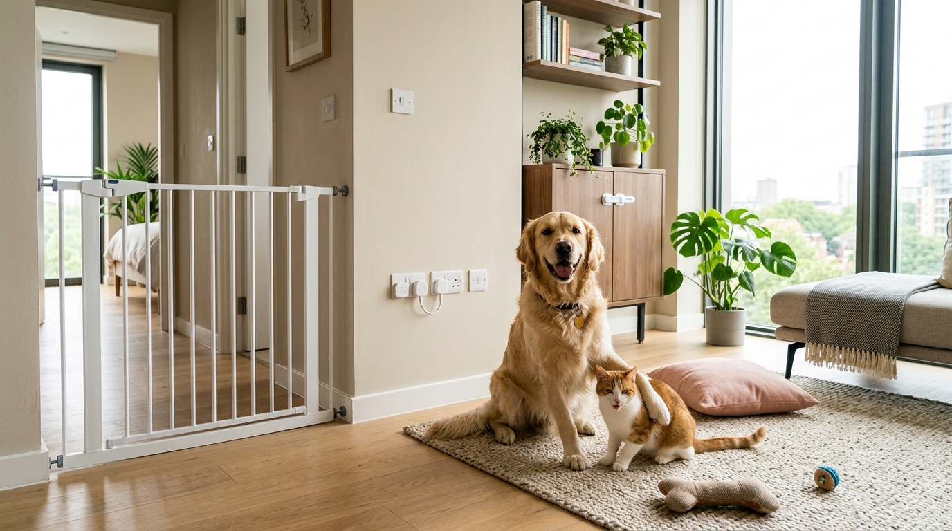 Happy cat and dog together in a modern apartment surrounded by pet safety products including baby gate and outlet covers