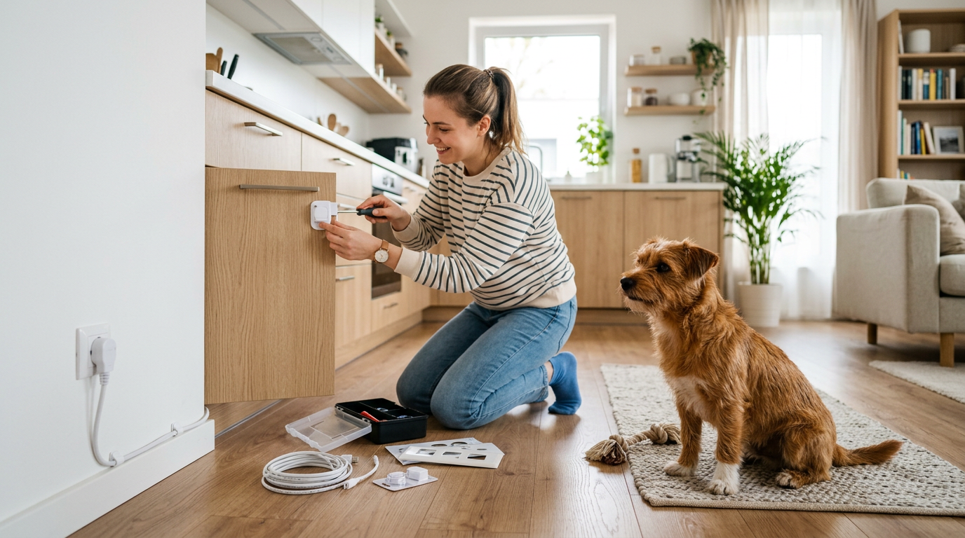 Pet owner installing cabinet locks and securing electrical cords in a modern apartment kitchen with a small dog watching
