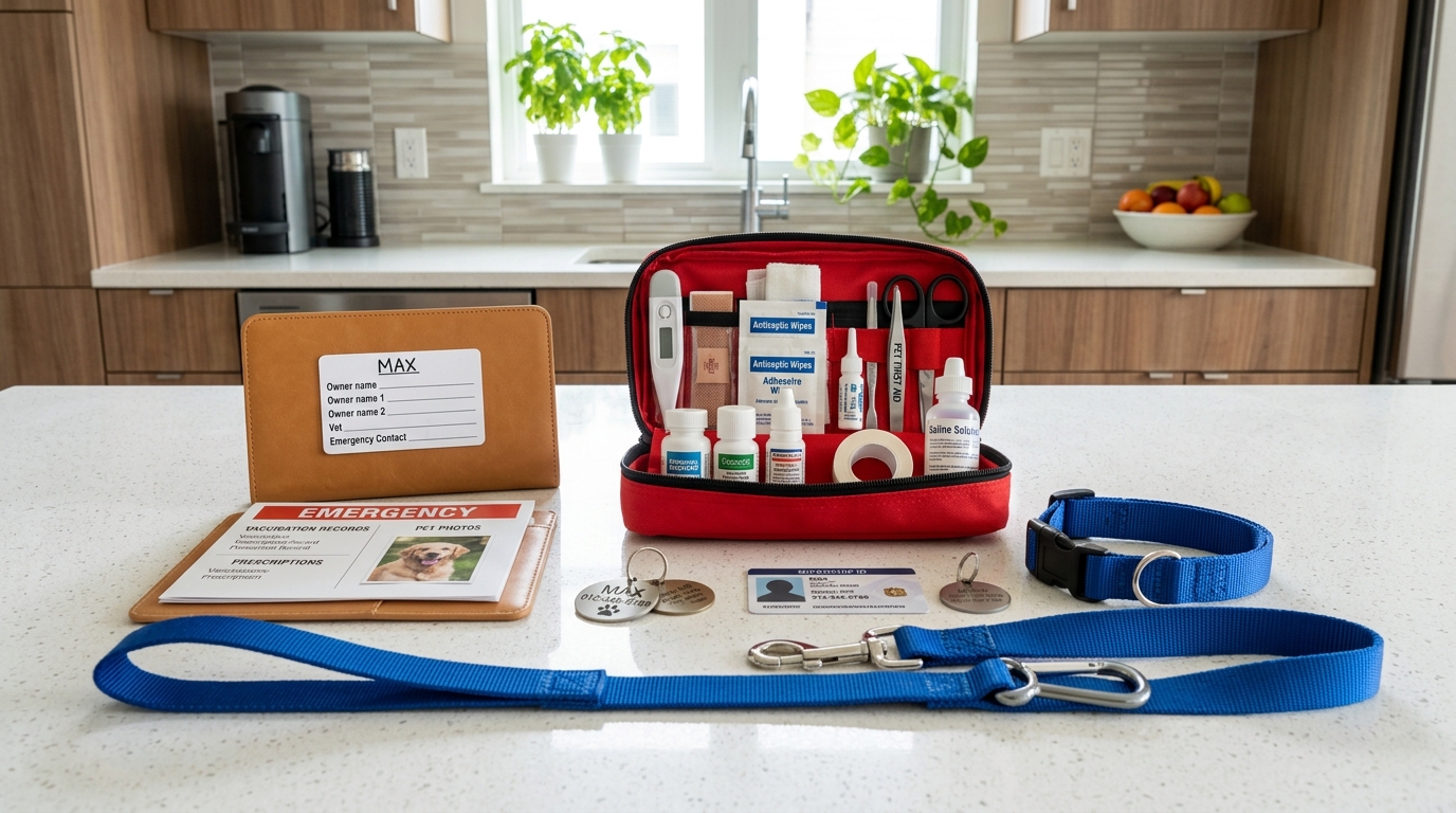 Pet emergency kit laid out on a kitchen counter with first aid supplies, pet ID tag and vet contact cards