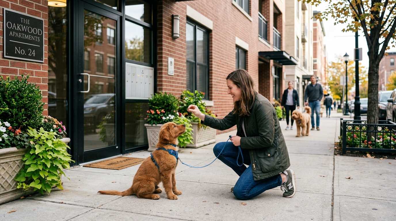 Puppy being trained to sit outside an apartment building by an owner with treats