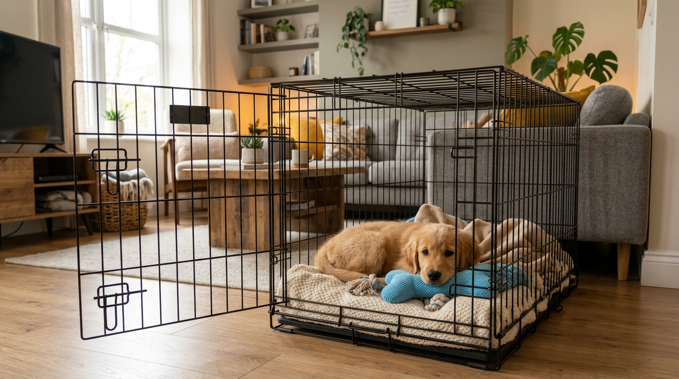 Puppy resting comfortably in an open crate with a soft blanket and toys in an apartment
