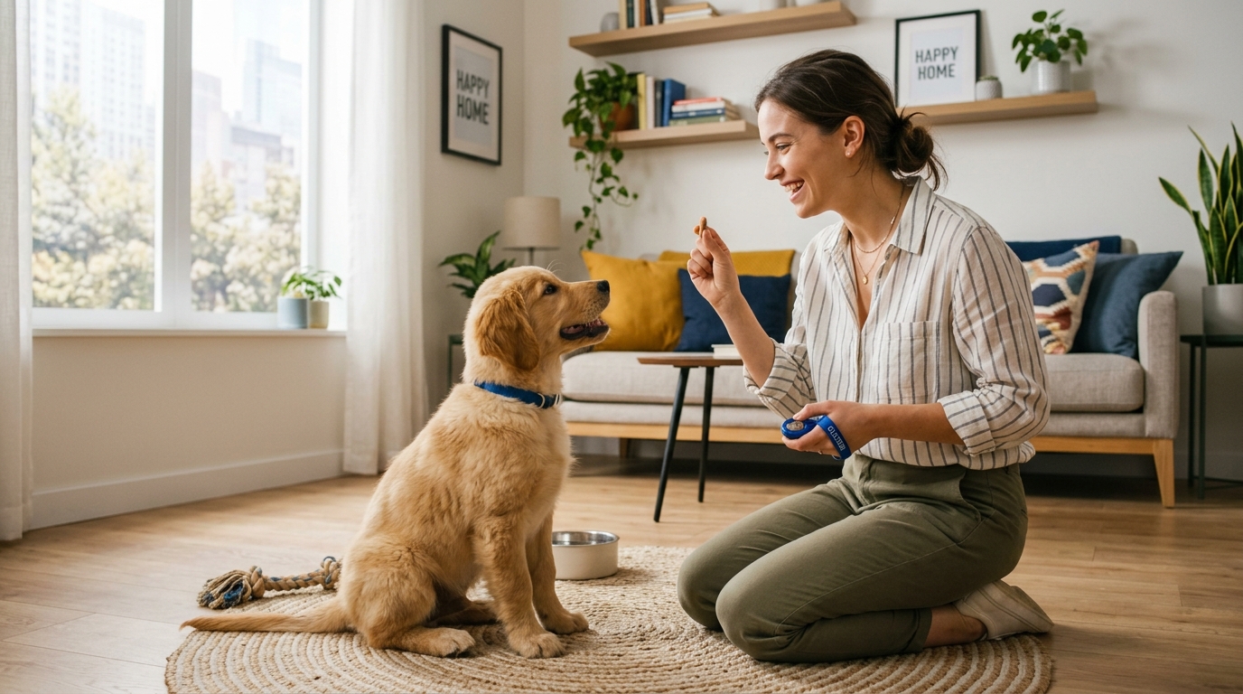 Golden retriever puppy sitting attentively during training in a bright modern apartment