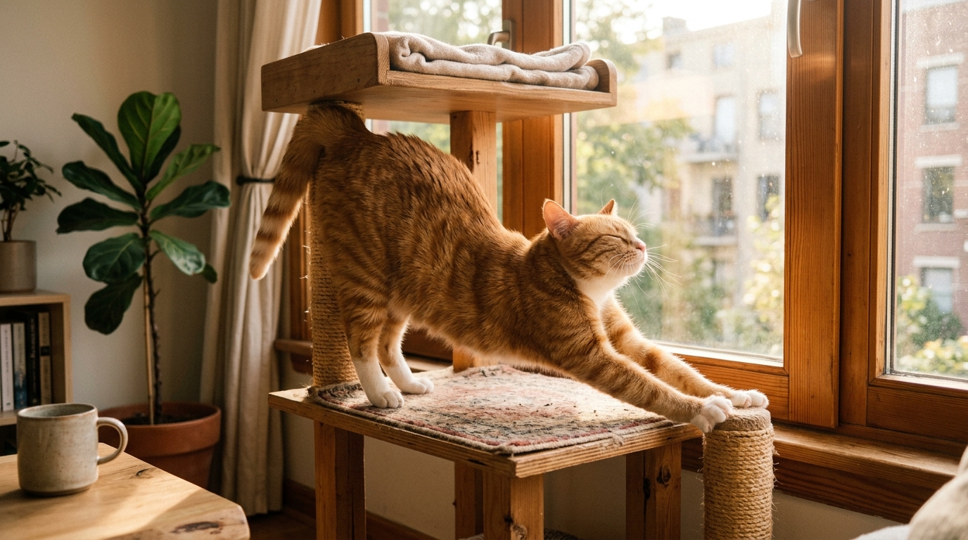 signs cat happy apartment — happy cat stretching on cat tree beside sunny apartment window