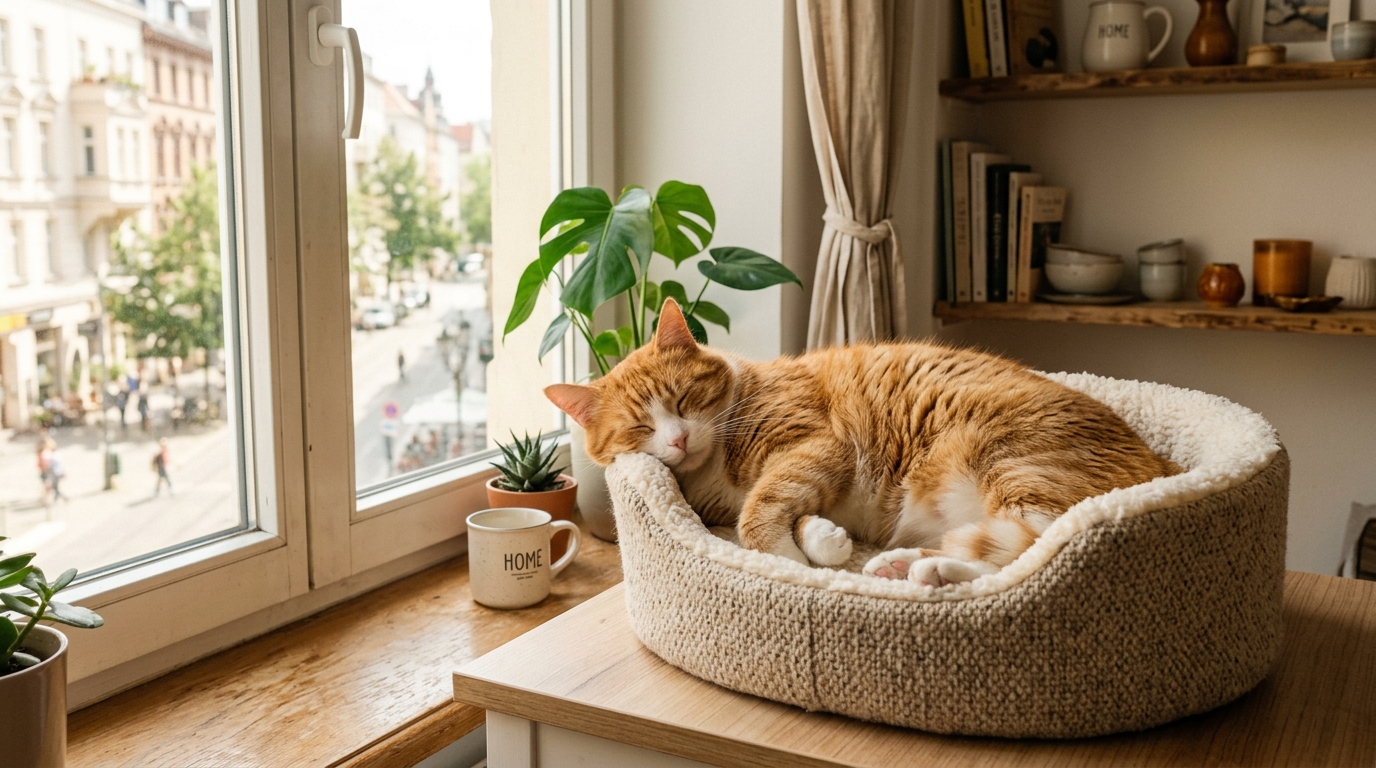 best cat beds apartments — cat sleeping peacefully in cozy cat bed by sunny apartment window