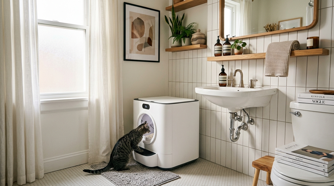 best cat litter boxes apartments — modern self-cleaning litter box in stylish apartment bathroom