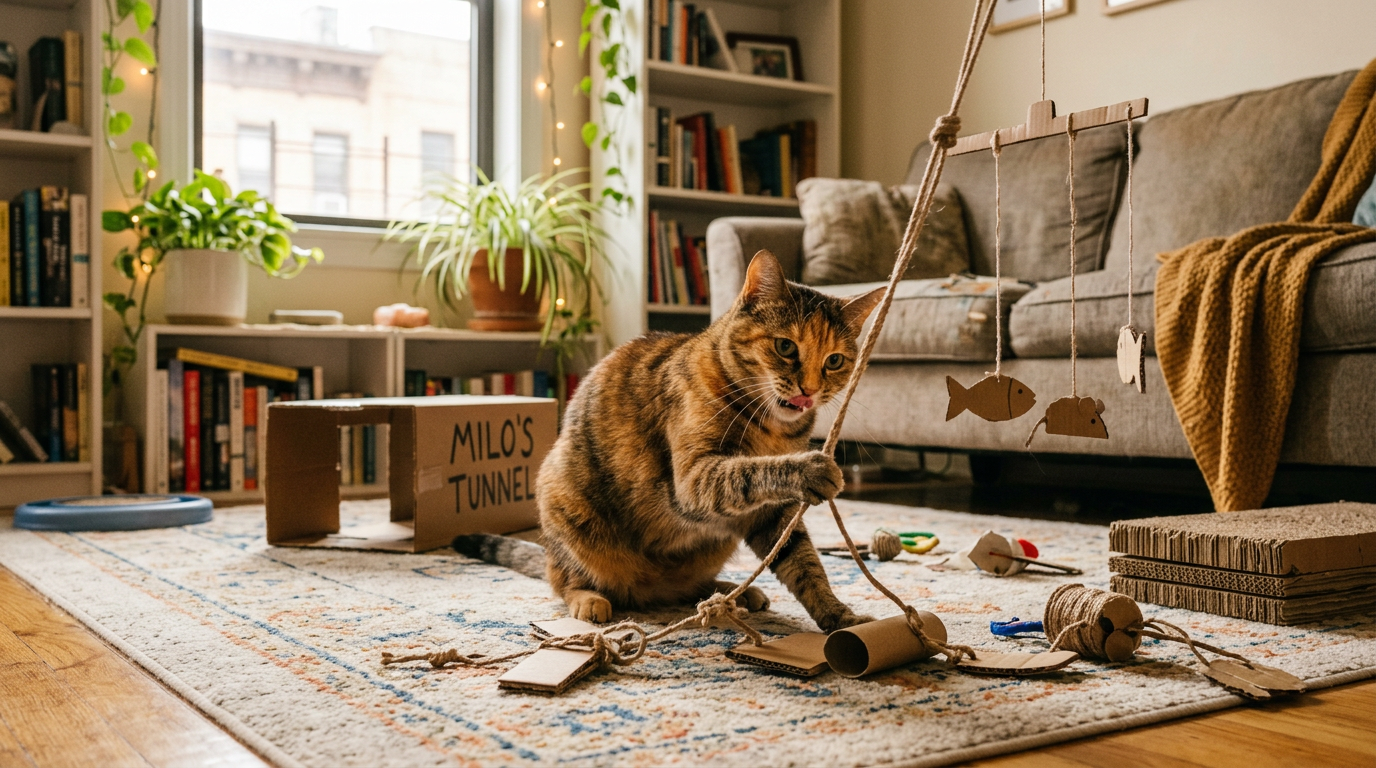 budget cat enrichment — cat playing with DIY cardboard and string toys in apartment