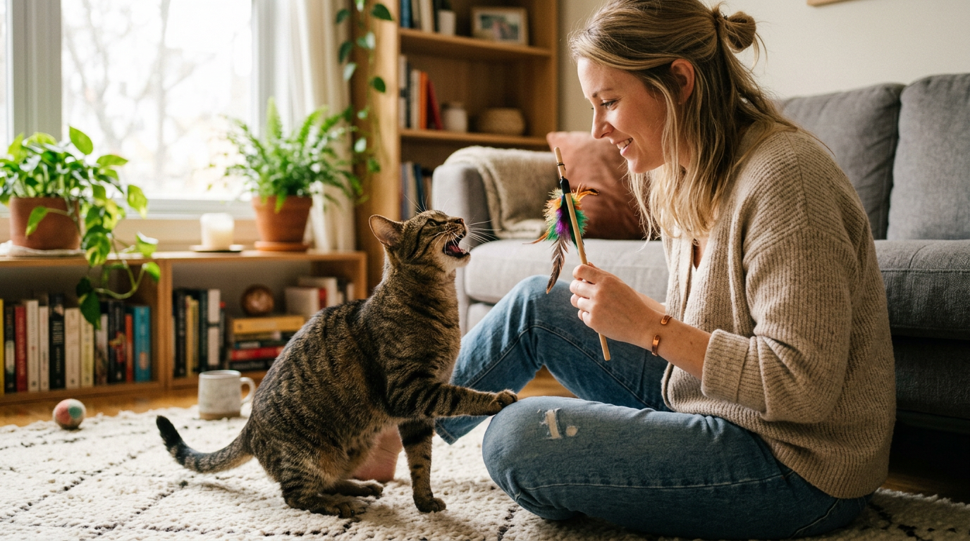 signs cat needs more attention — affectionate cat meowing at owner asking for playtime in apartment