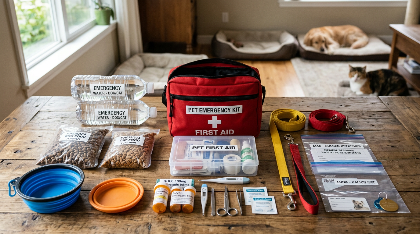 pet emergency kit essentials — organized pet emergency supplies laid out on table