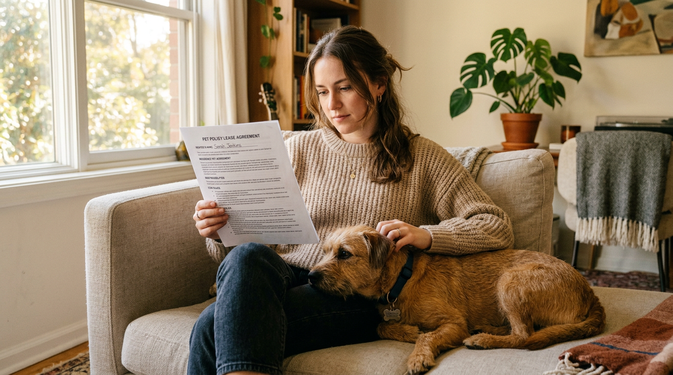 apartment pet rules — renter reading pet policy lease document beside their dog