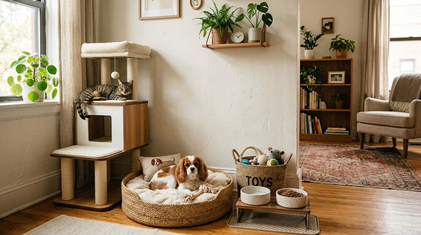 make apartment pet-friendly — cozy organized pet corner with dog bed cat tree and toy basket