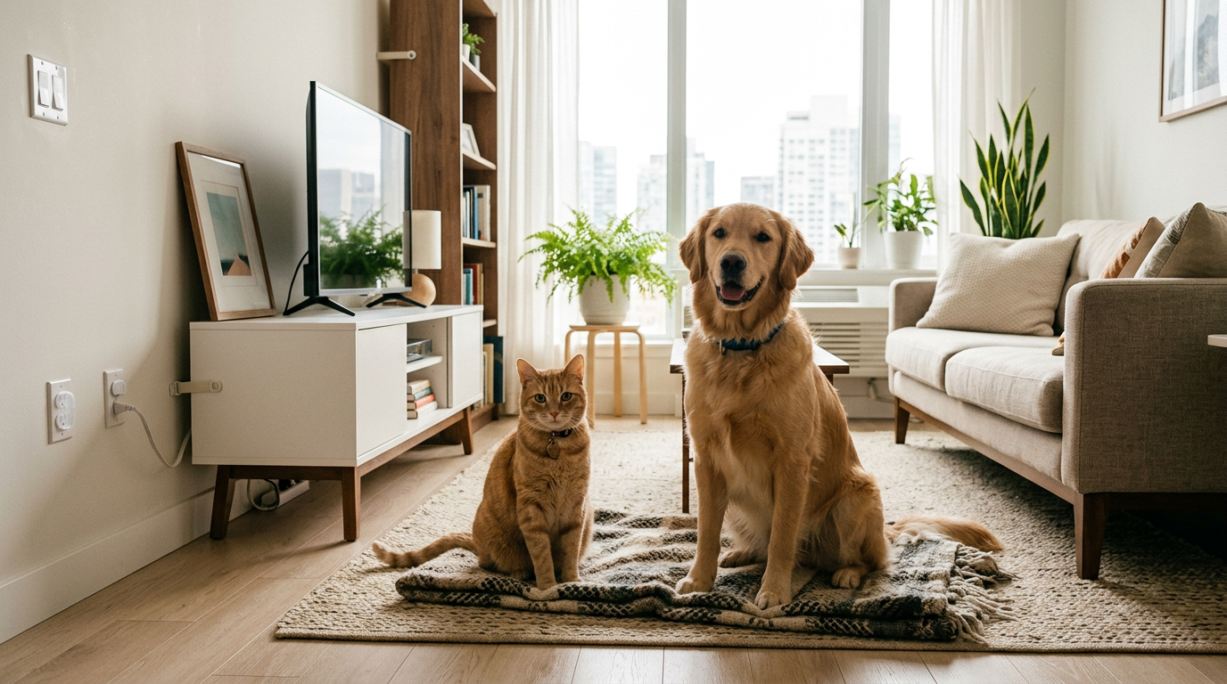 apartment pet safety tips — cat and dog in safe apartment with covered outlets and secured furniture