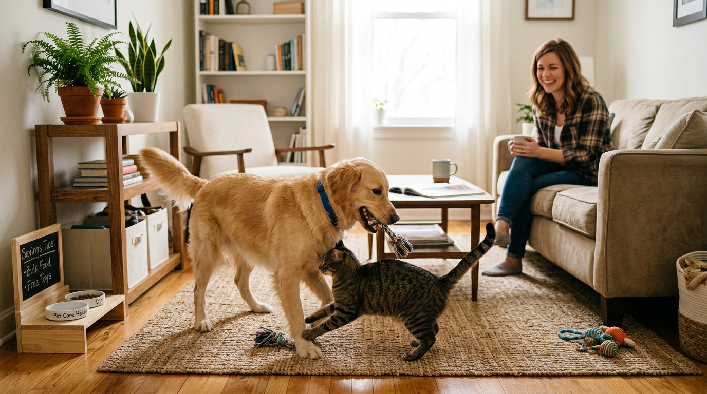 save money pet care apartment — happy dog and cat playing together while owner watches