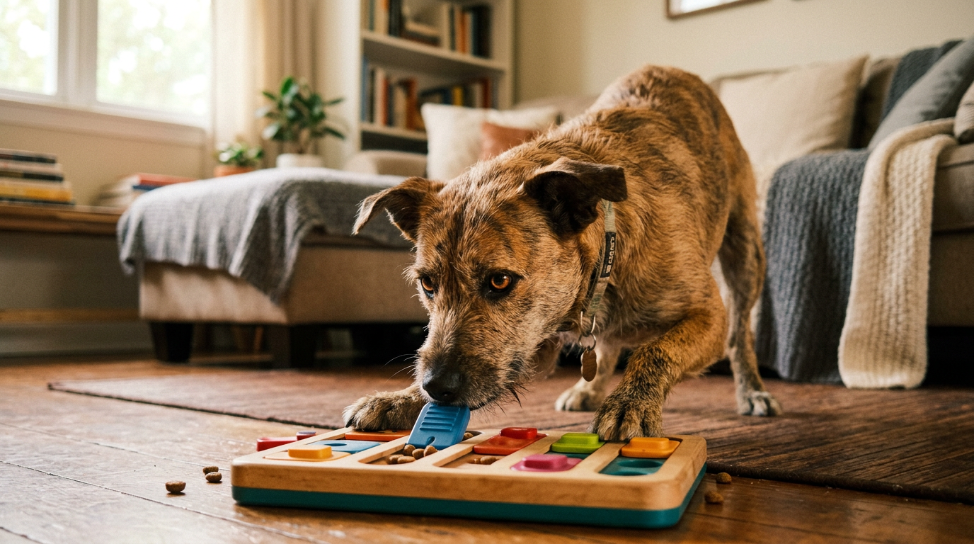 signs dog needs mental stimulation — energetic dog solving puzzle toy in living room