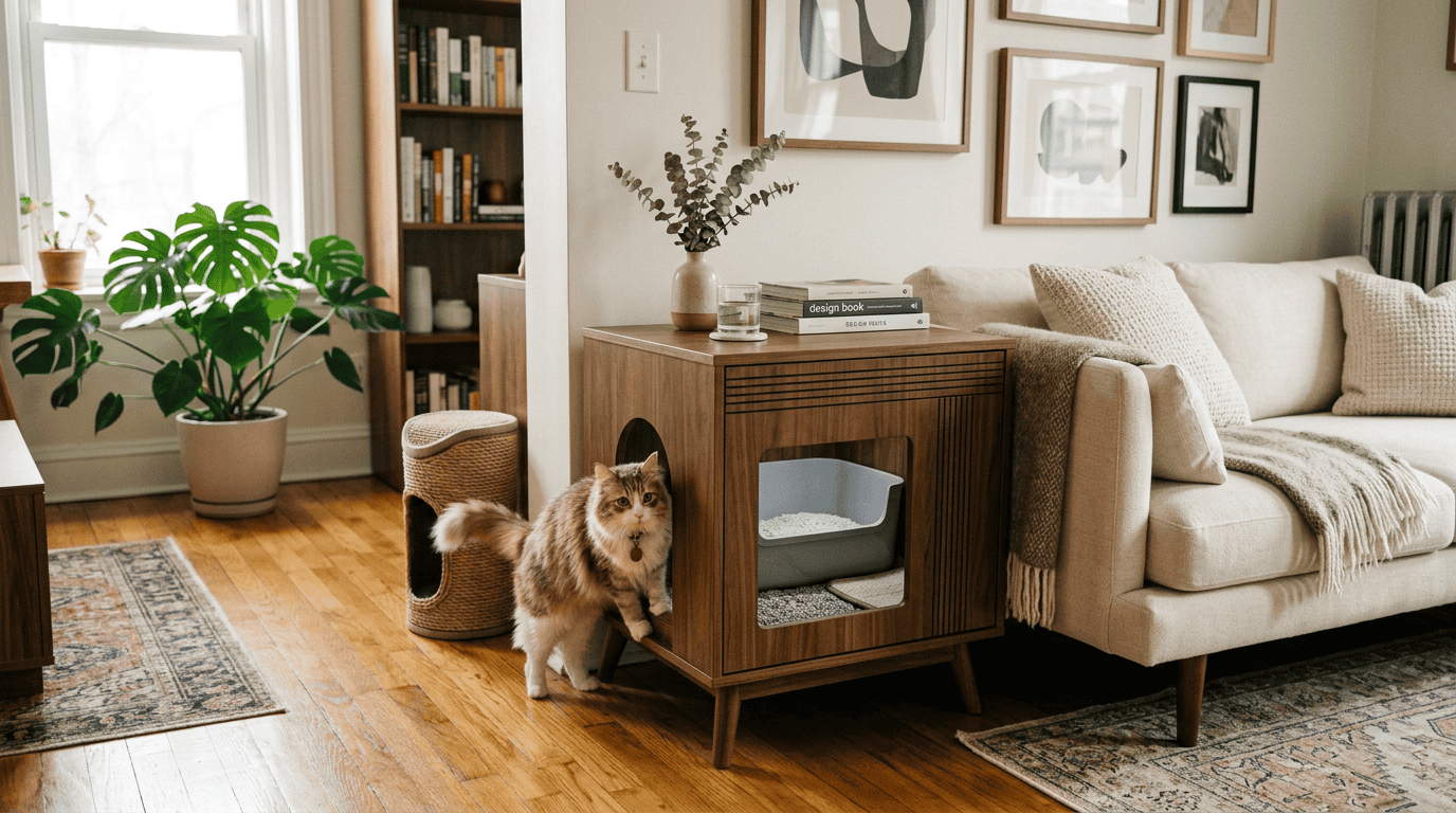 litter box hacks small apartments — stylish hidden litter box furniture in modern apartment