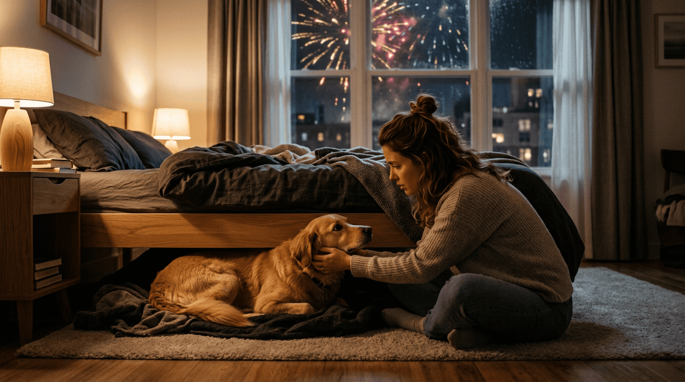 safety tips pets during fireworks — dog hiding under bed while owner comforts it during fireworks