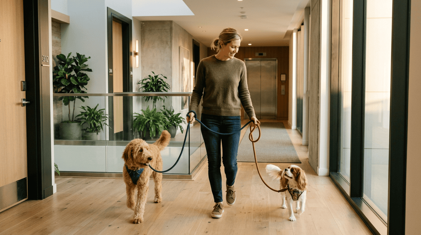 dog walking tips apartment dwellers — owner walking two dogs in apartment building hallway