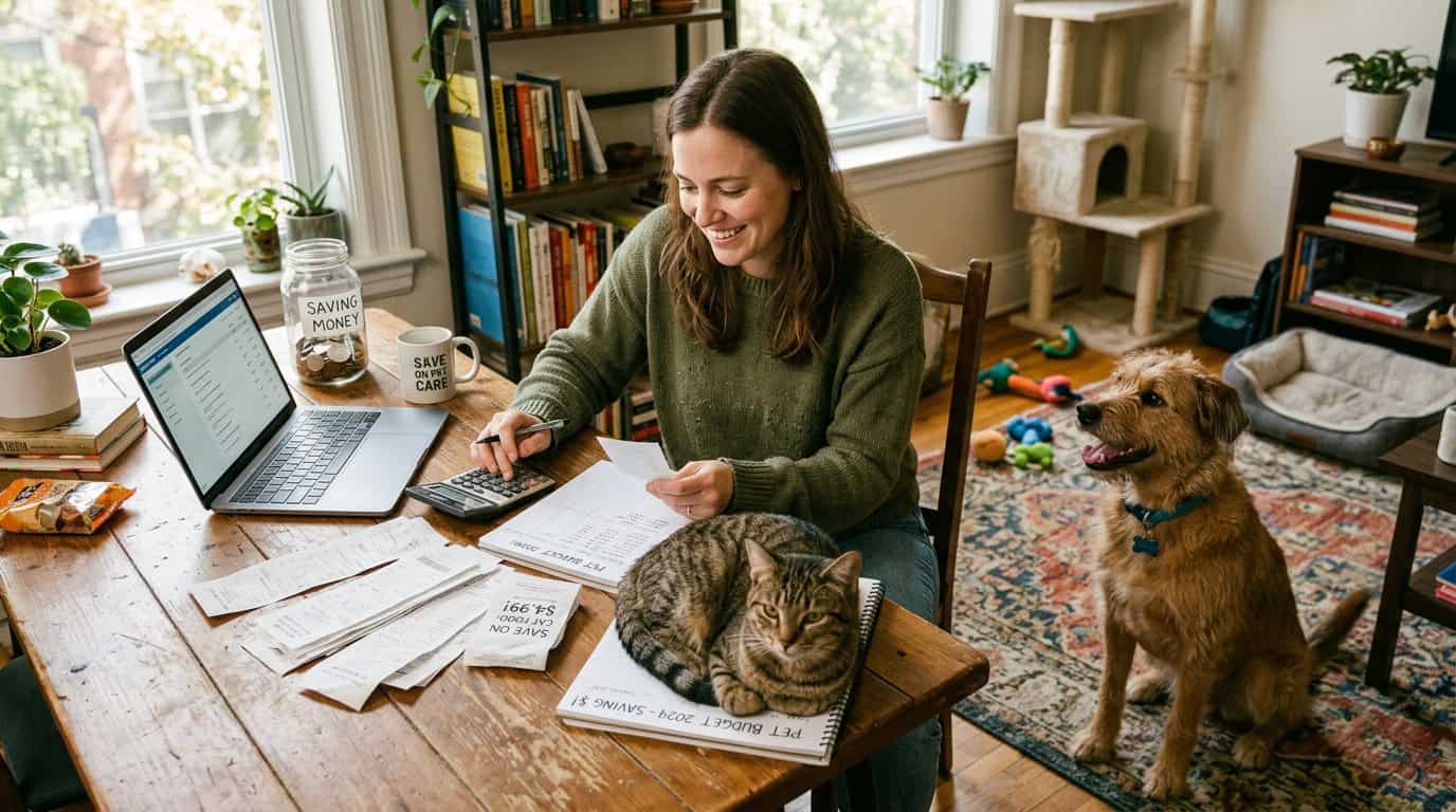 budget pet care tips — owner checking receipts beside happy dog and cat in apartment