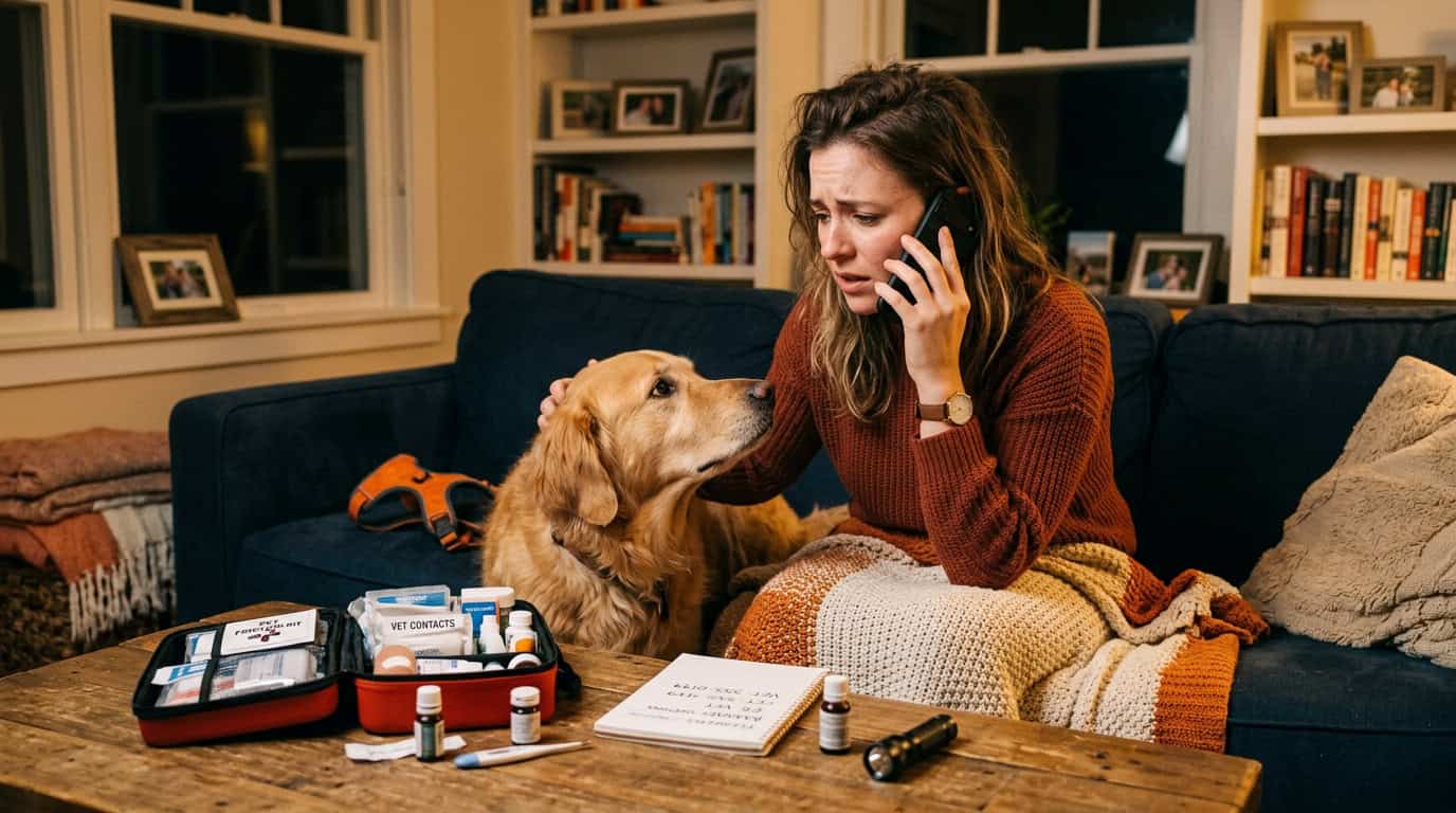 pet emergency when at work or traveling — owner calling vet on phone with dog beside them