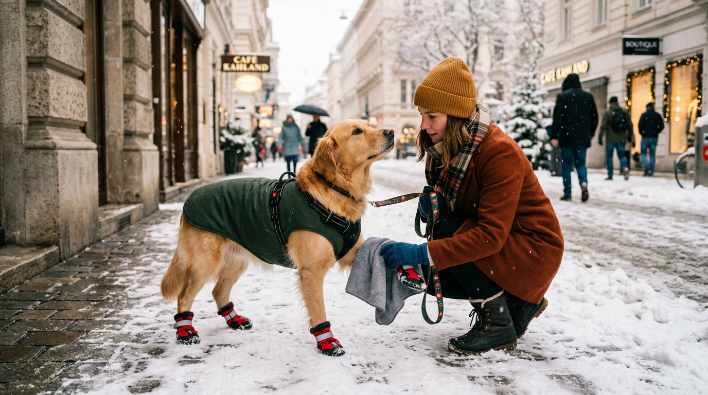 winter paw care dogs city — dog with booties on snowy sidewalk owner wiping paws