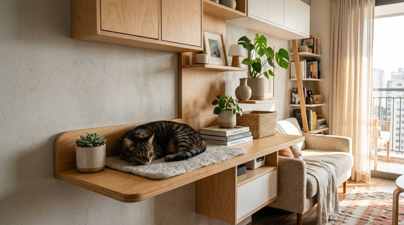 pet-proof apartment tips renters — cat relaxing on stylish pet-safe shelf in modern apartment