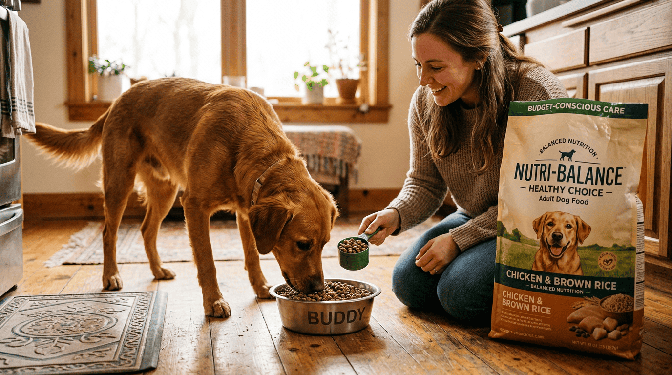 budget pet food tips dog cat — healthy dog eating from bowl while owner measures portions