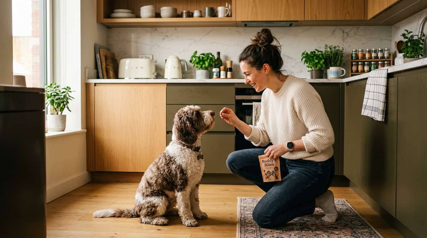 dog training guide busy people — owner doing quick training session with dog in kitchen