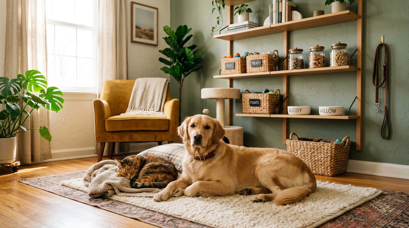 apartment dog guide — dog and cat lounging in stylish apartment with organized pet supplies