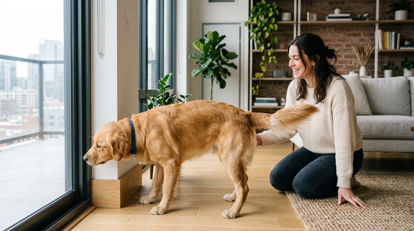 dog separation anxiety — dog exploring new apartment with owner kneeling nearby