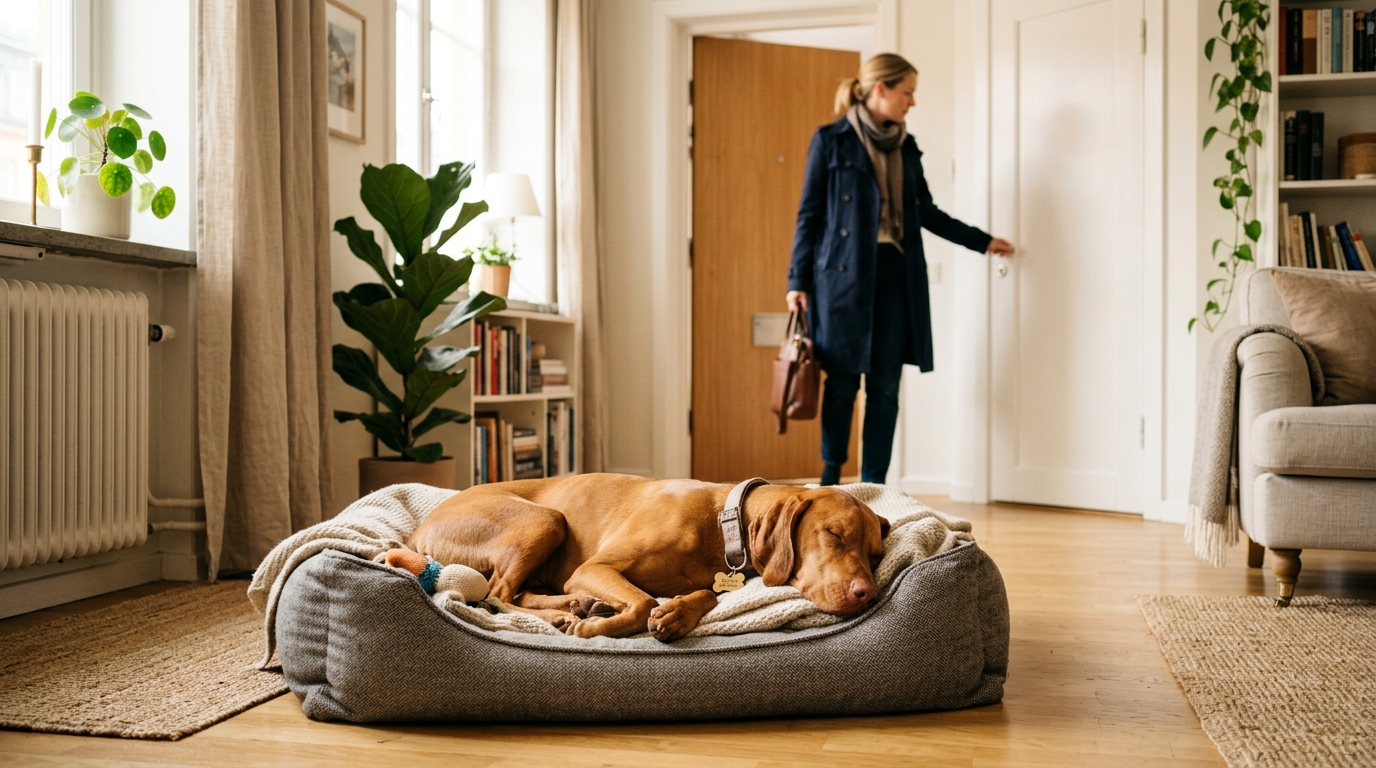 dog-friendly balcony — dog resting on cozy bed while owner leaves for work in apartment