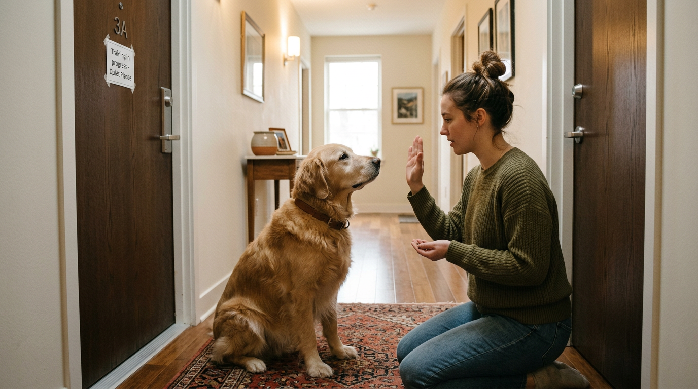 stop dog barking at noises — calm dog sitting in apartment hallway during training