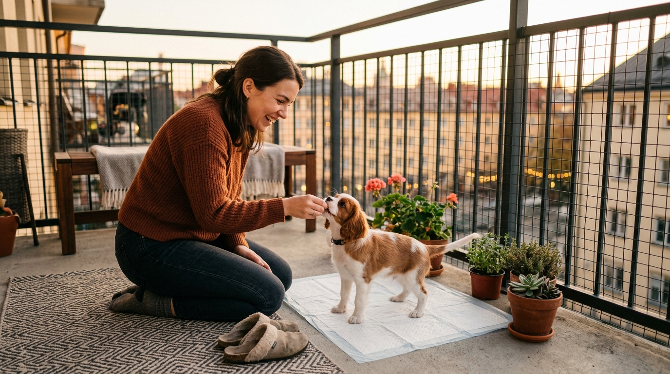 potty training apartment dogs — small dog on puppy pad on balcony with owner rewarding with treat