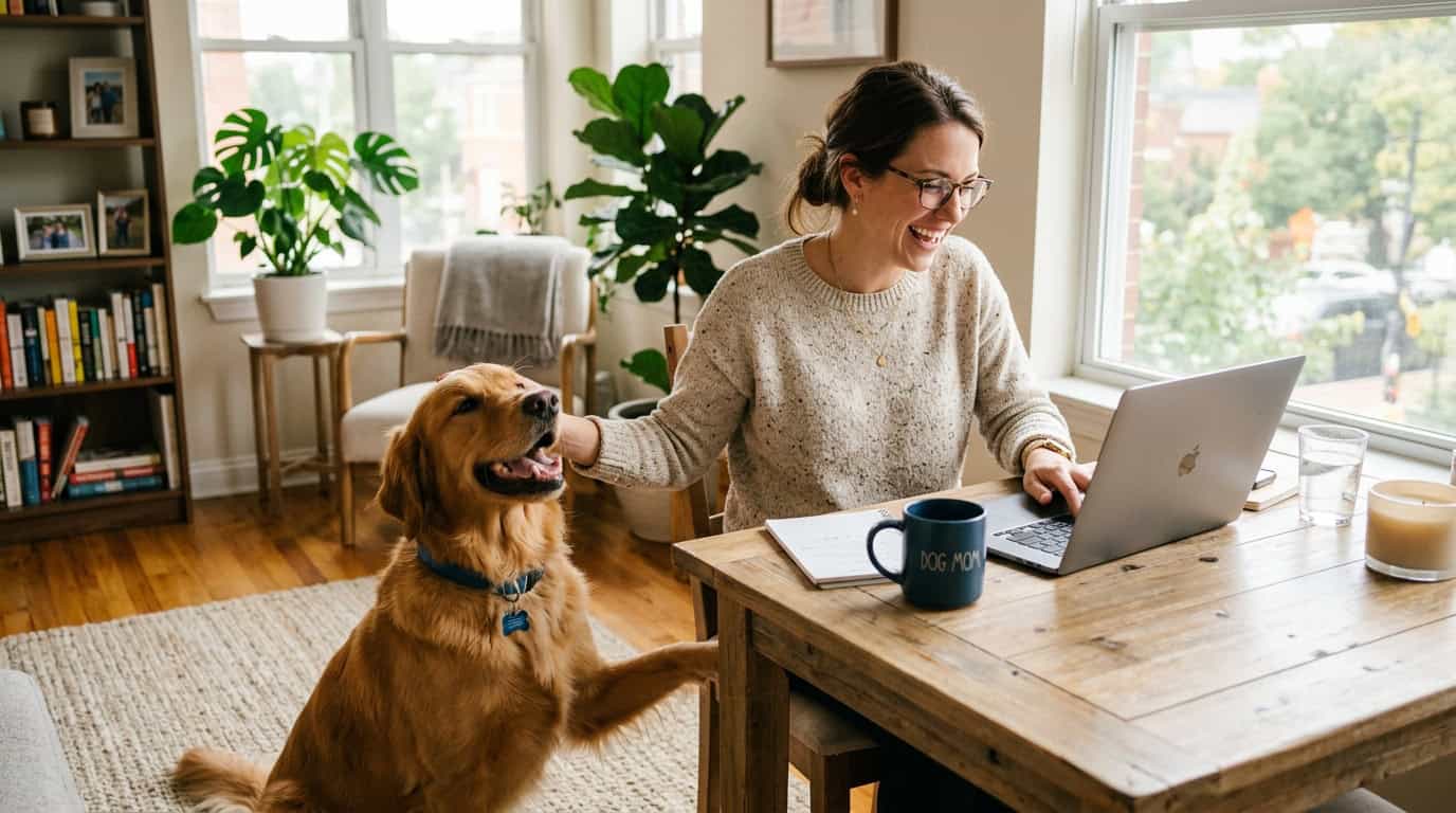 time-saving tips busy dog parent — owner multitasking with laptop and golden retriever in apartment