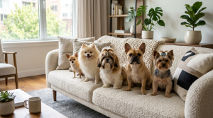 group of small dogs under 20 pounds in a bright apartment