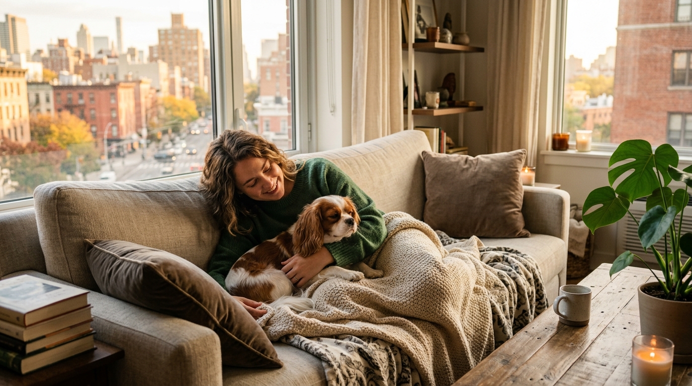 Cavalier King Charles Spaniel cuddled on couch in cozy apartment