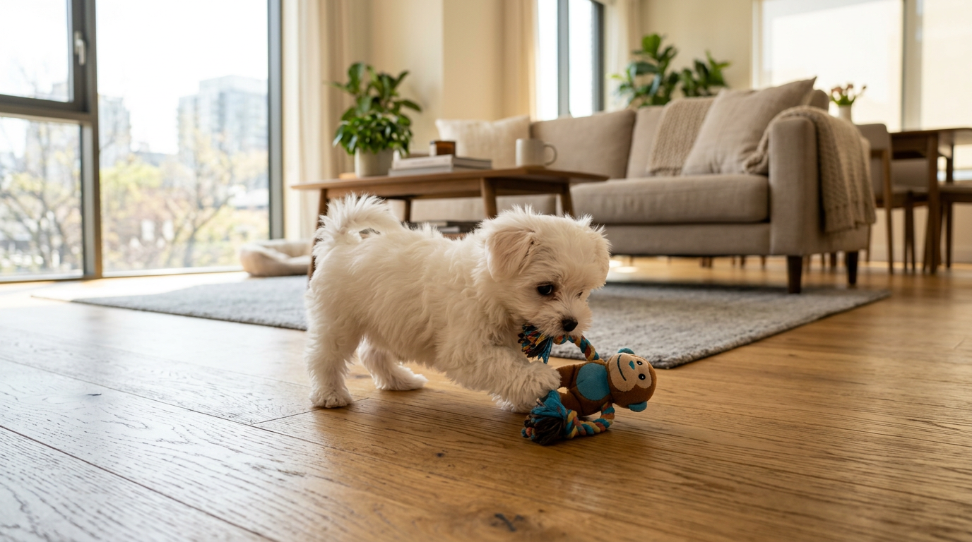 tiny Maltese puppy playing on apartment hardwood floor