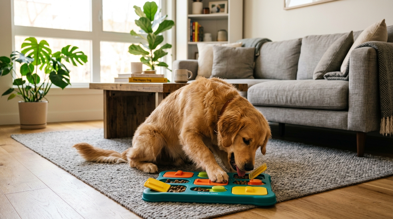best dog puzzle feeders — dog eating from colorful puzzle feeder in apartment