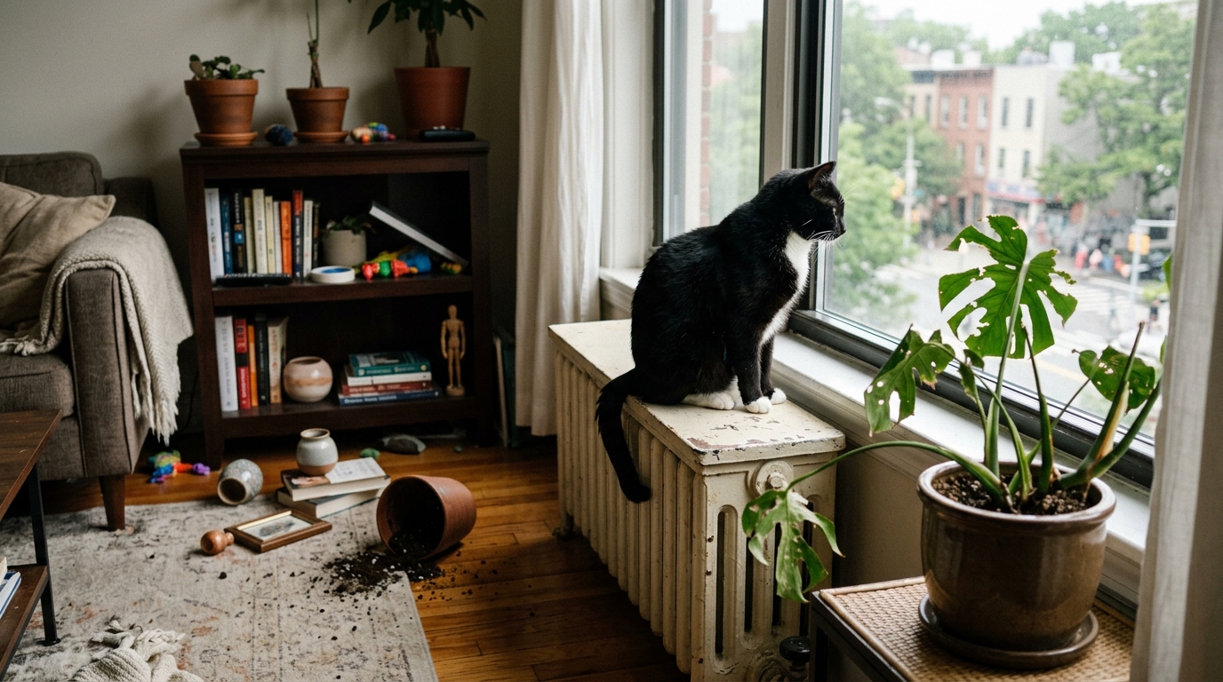 Bored cat staring out apartment window with knocked over items nearby