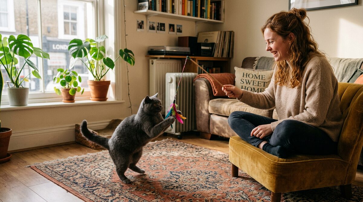 British Shorthair cat playing in an apartment with a first-time owner