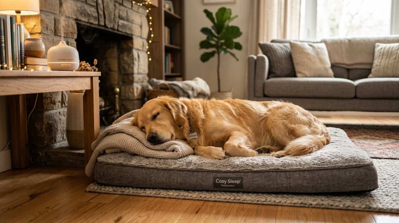 Calm golden retriever resting near a calming diffuser
